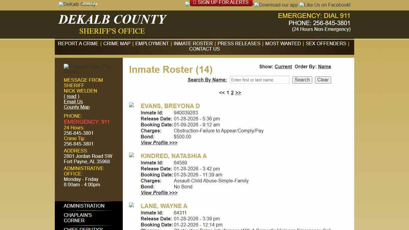 Inmate Roster - Released Inmates Booking Date Descending - DeKalb County Sheriff's Office - Fort Payne, Alabama